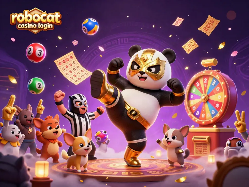 Join the excitement at robocat casino login with a lively 3D scene featuring playful characters and vibrant casino elements.
