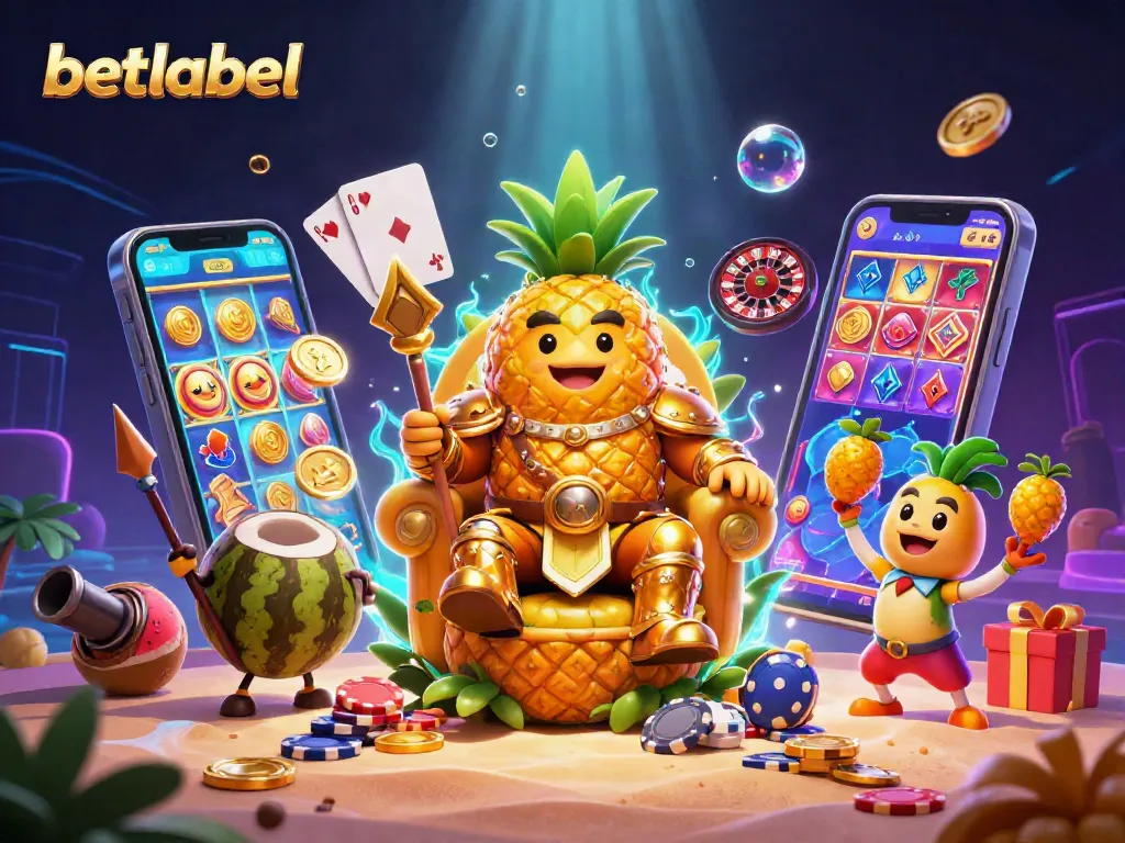 betlabel showcases vibrant casino scene with a golden pineapple king, lively game elements, and animated action