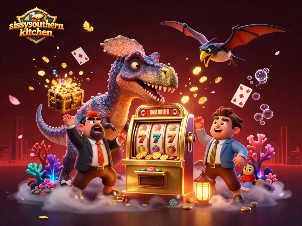Experience thrilling gameplay at sissyssouthernkitchen, where animated dinosaurs engage in vibrant casino action.