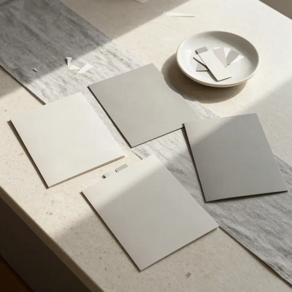 Muestras de packaging neutro y tiras de papel en una mesa de travertino, vista cenital elegante.