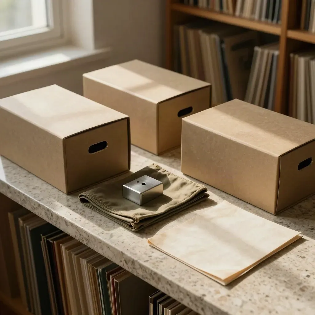 Cajas de archivo, pieza prototipo y funda de renovación sobre travertino en luz cálida.