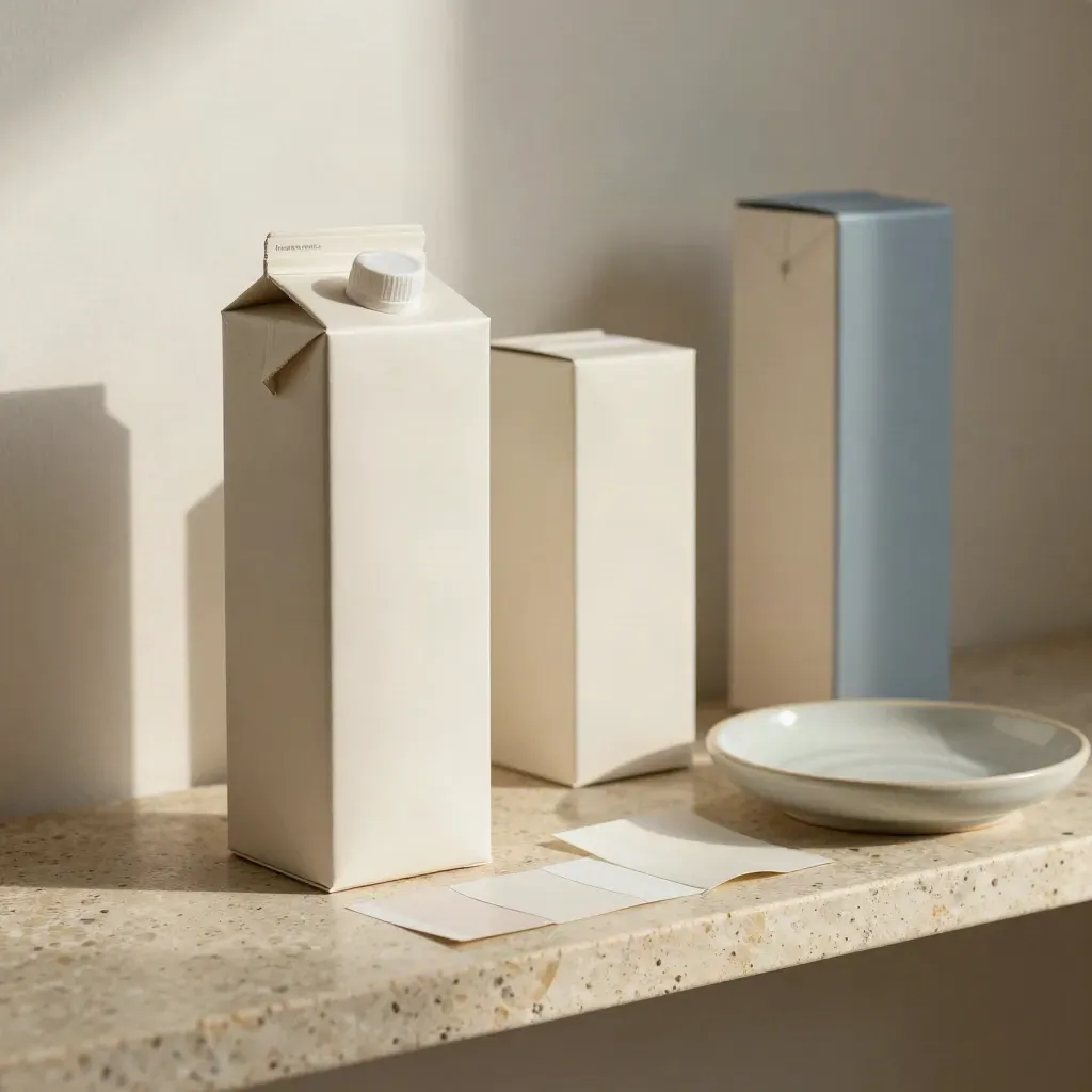 Cajas de prototipo y muestra de materiales sobre travertino con luz natural.