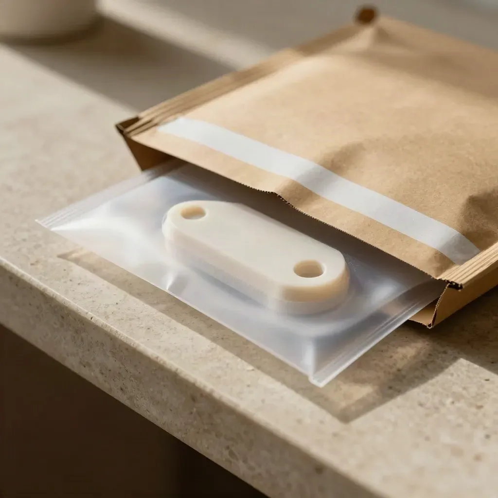 Maletín de muestra abierto con pieza prototipo, funda y sobre de envío sellado sobre mesa cálida.