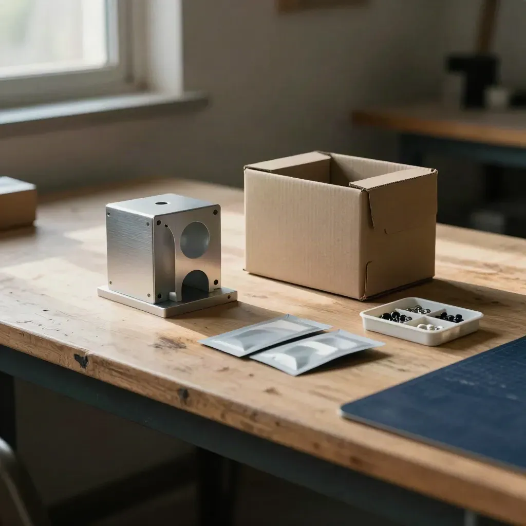 Banco de trabajo de startup con prototipo compacto, caja de envío y formularios de embalaje girados.