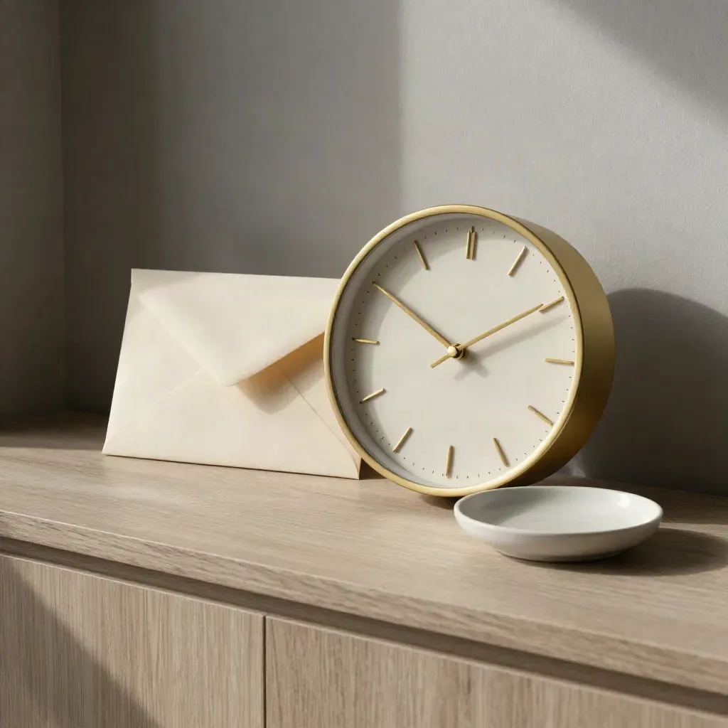 Reloj recordatorio, sobre sellado y plato cerámico sobre madera clara con luz suave.