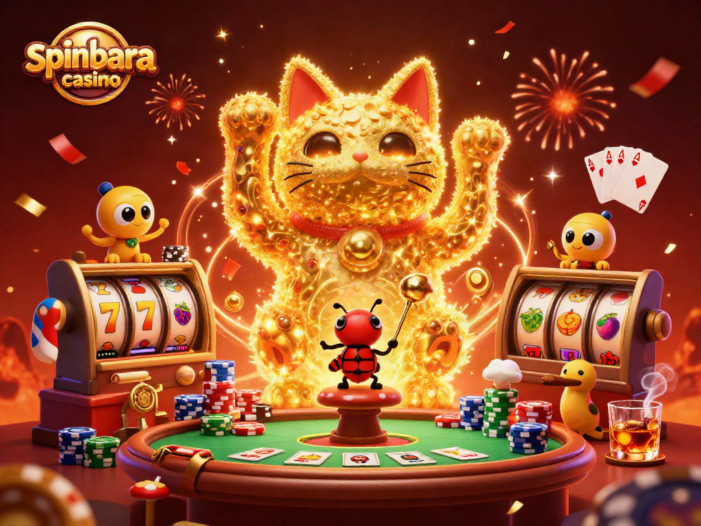 Experience the magic of spinbara casino with a vibrant scene of a lucky cat, golden fireflies, and dynamic casino elements!